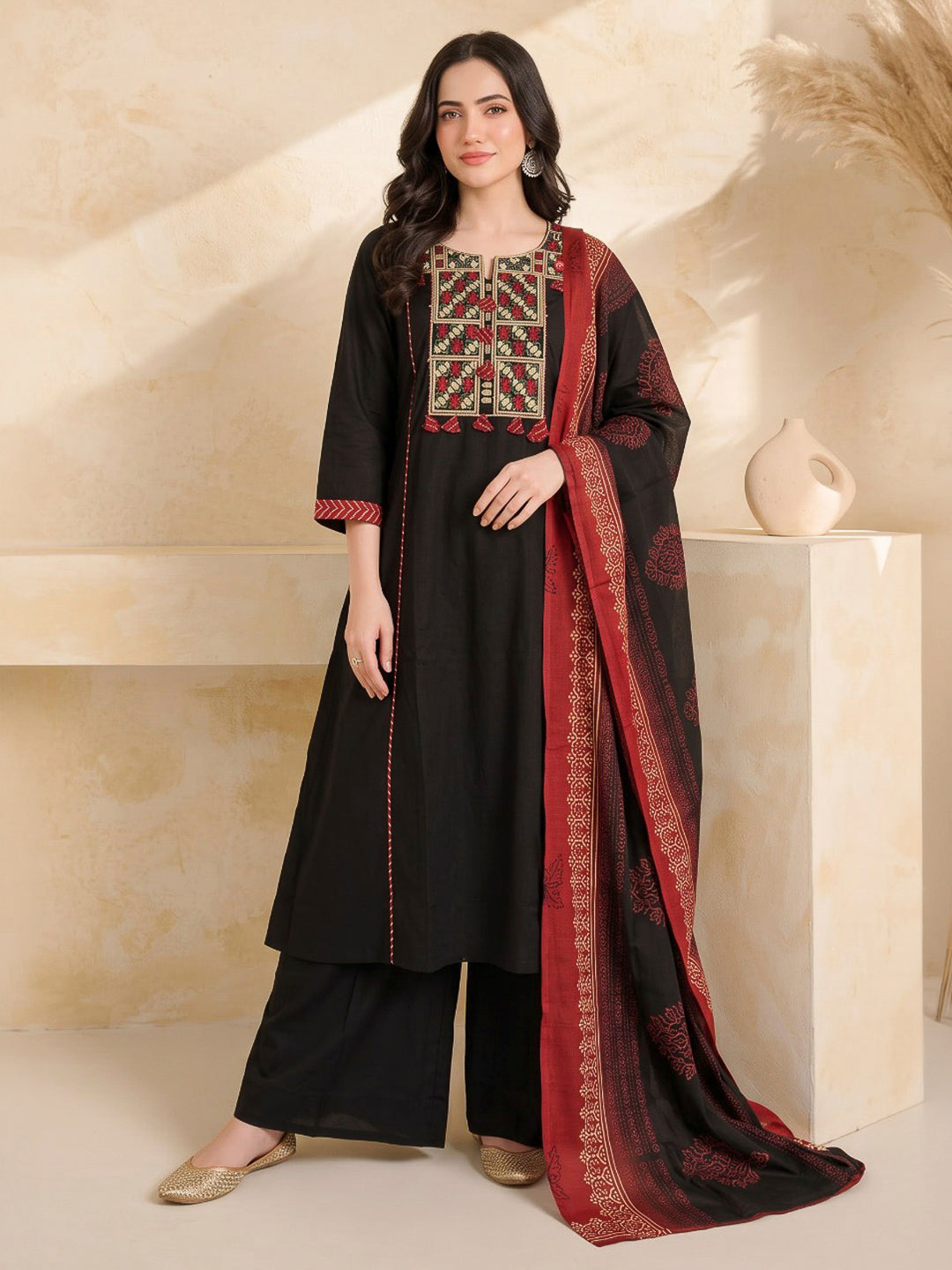 Black Printed Cotton Blend Kurta With Pant &amp; Dupatta
