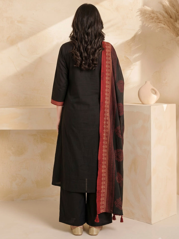 Black Printed Cotton Blend Kurta With Pant &amp; Dupatta