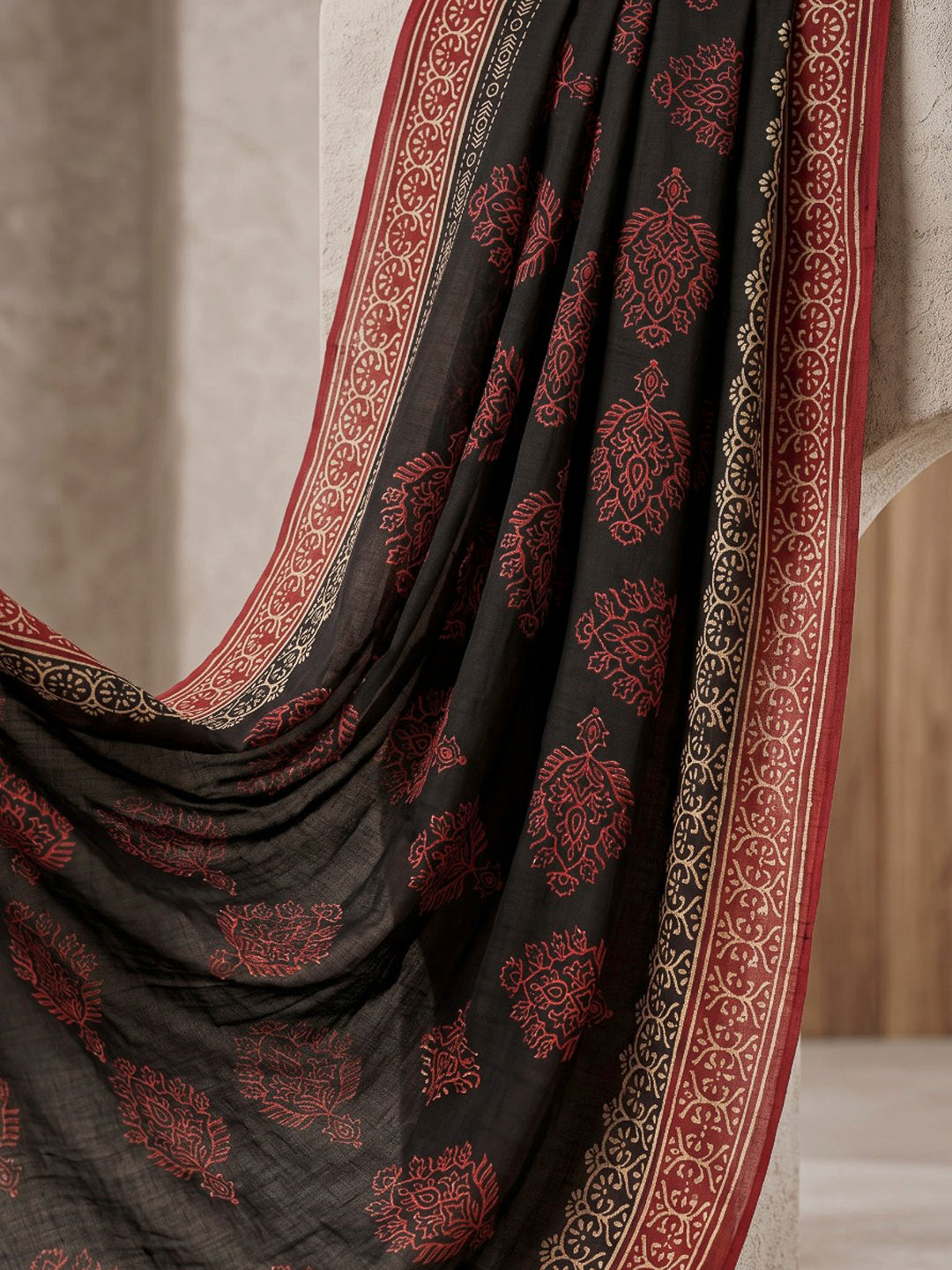 Black Printed Cotton Blend Kurta With Pant &amp; Dupatta