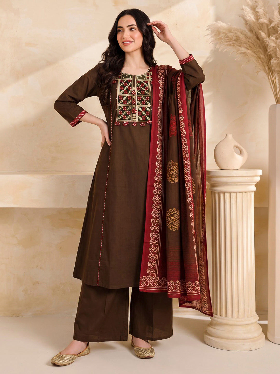 Brown Printed Cotton Blend Kurta With Pant &amp; Dupatta
