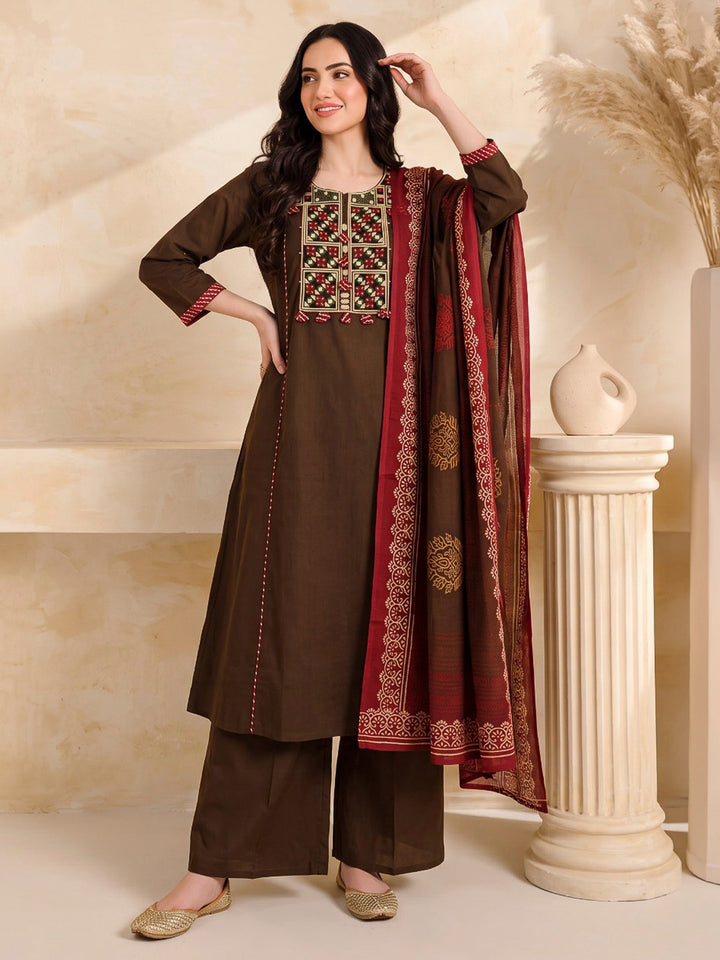 Brown Printed Cotton Blend Kurta With Pant &amp; Dupatta