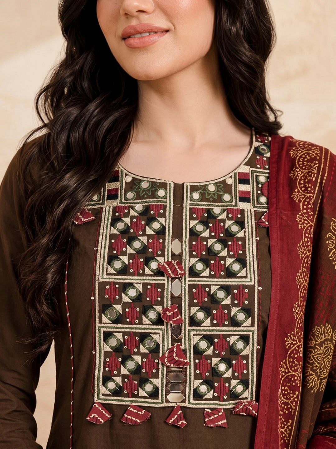 Brown Printed Cotton Blend Kurta With Pant &amp; Dupatta