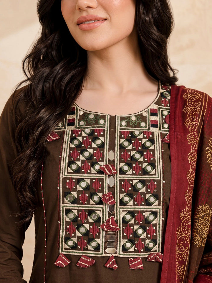 Brown Printed Cotton Blend Kurta With Pant &amp; Dupatta