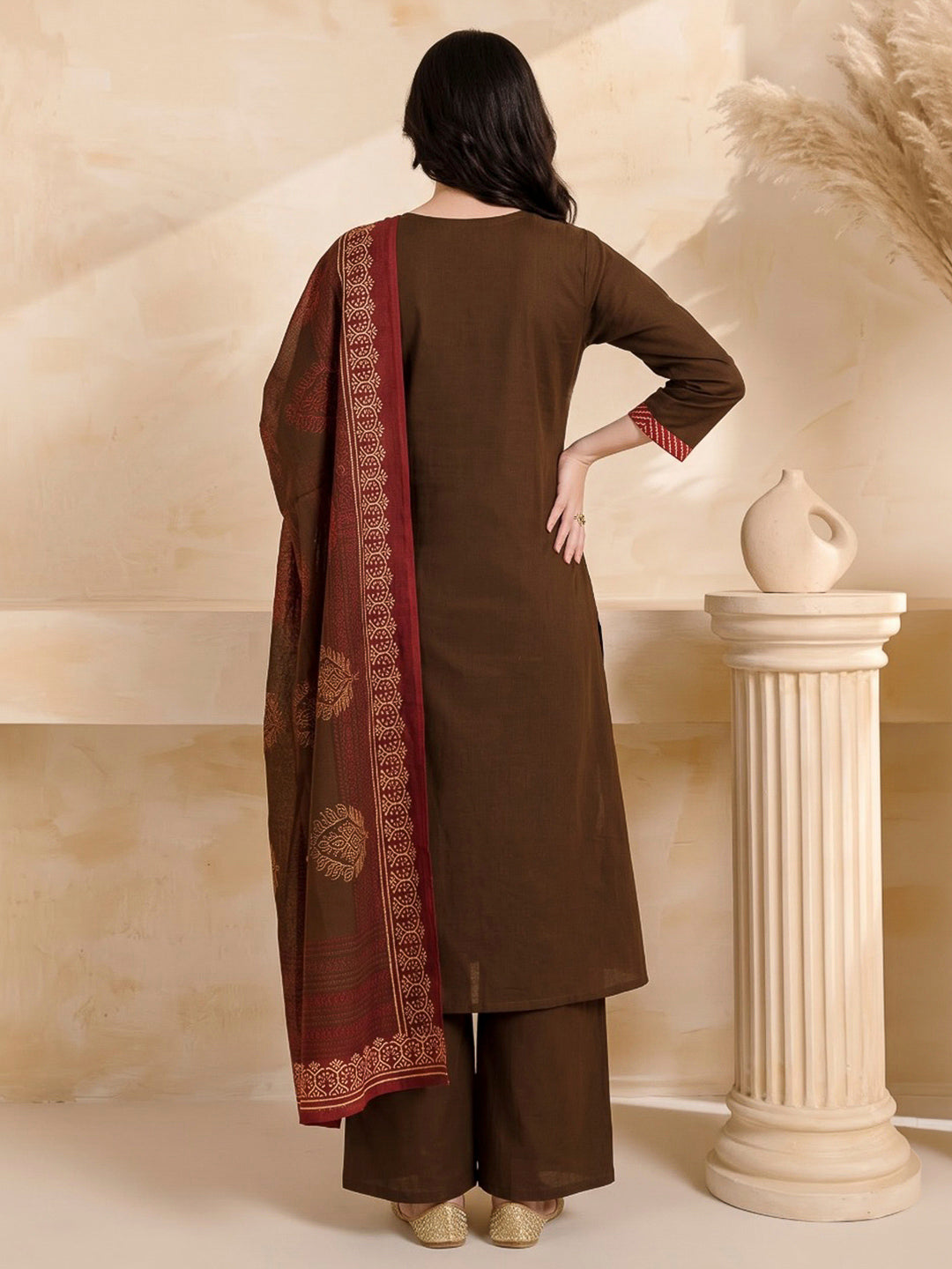 Brown Printed Cotton Blend Kurta With Pant &amp; Dupatta