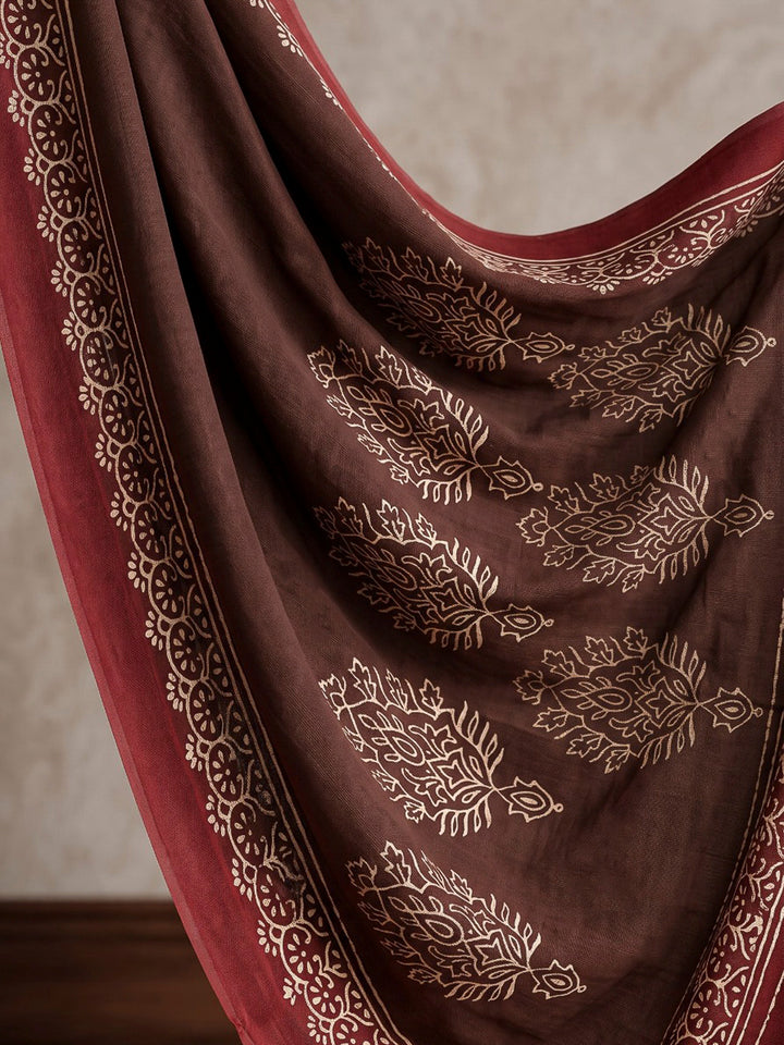 Brown Printed Cotton Blend Kurta With Pant &amp; Dupatta