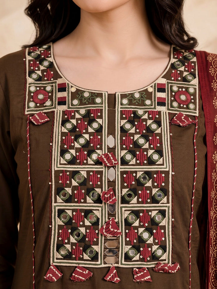Brown Printed Cotton Blend Kurta With Pant &amp; Dupatta