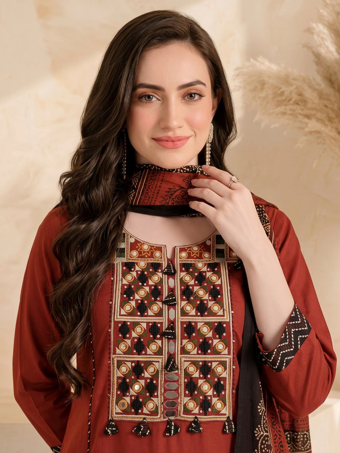 Maroon Printed Cotton Blend Kurta With Pant &amp; Dupatta