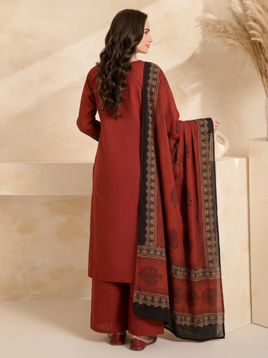 Maroon Printed Cotton Blend Kurta With Pant &amp; Dupatta
