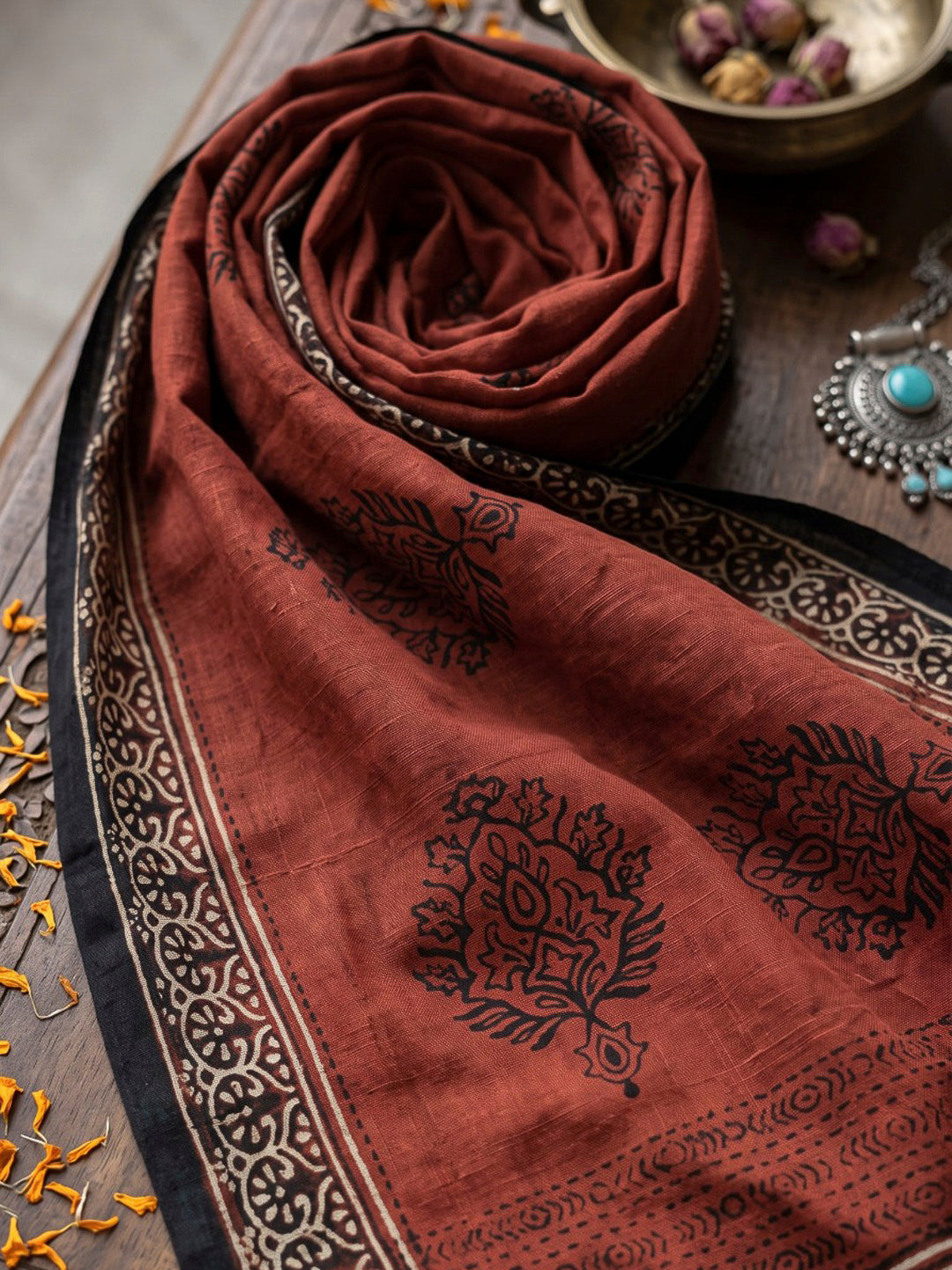 Maroon Printed Cotton Blend Kurta With Pant &amp; Dupatta