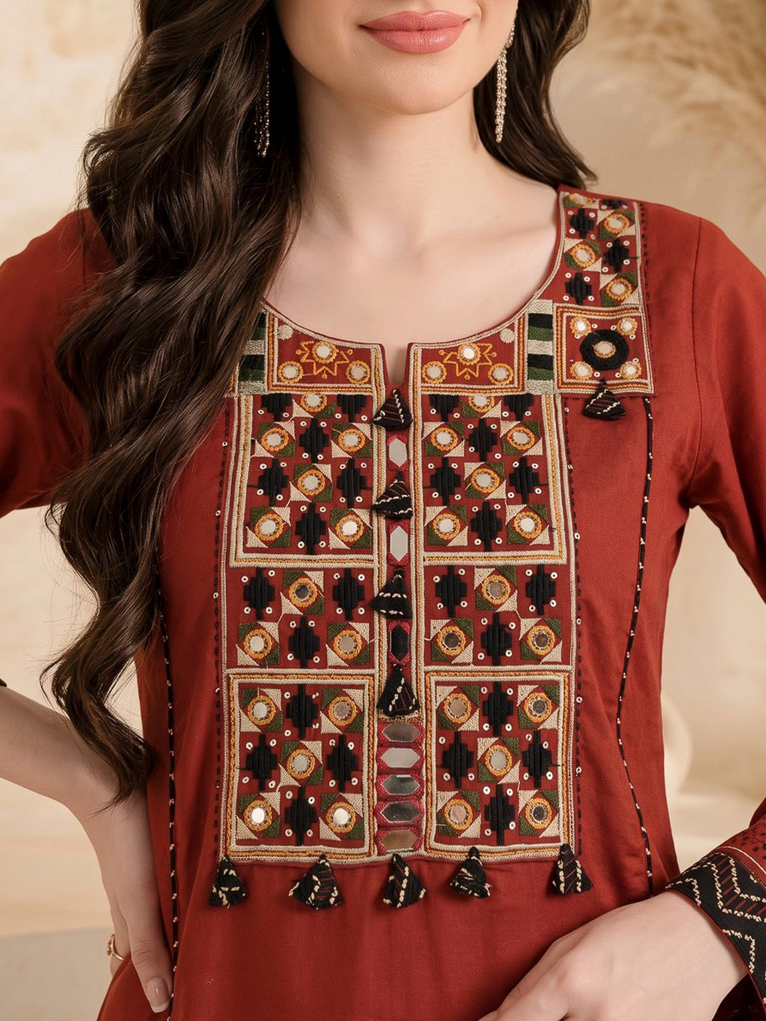 Maroon Printed Cotton Blend Kurta With Pant &amp; Dupatta