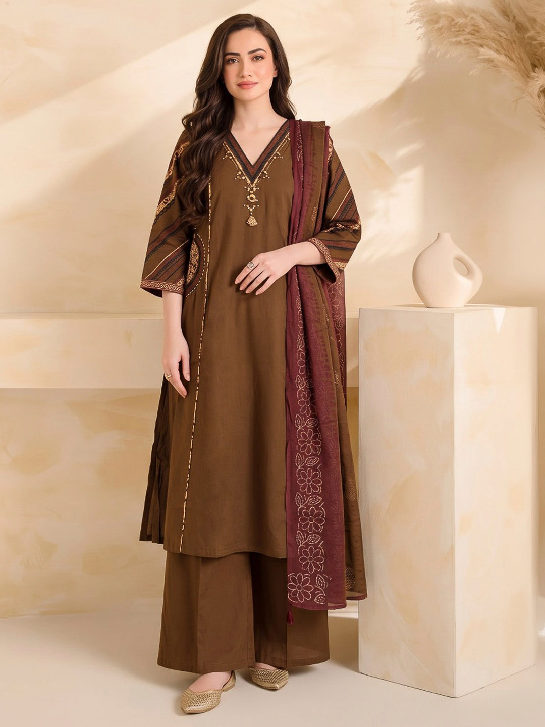 Brown Printed Cotton Blend Kurta With Pant &amp; Dupatta