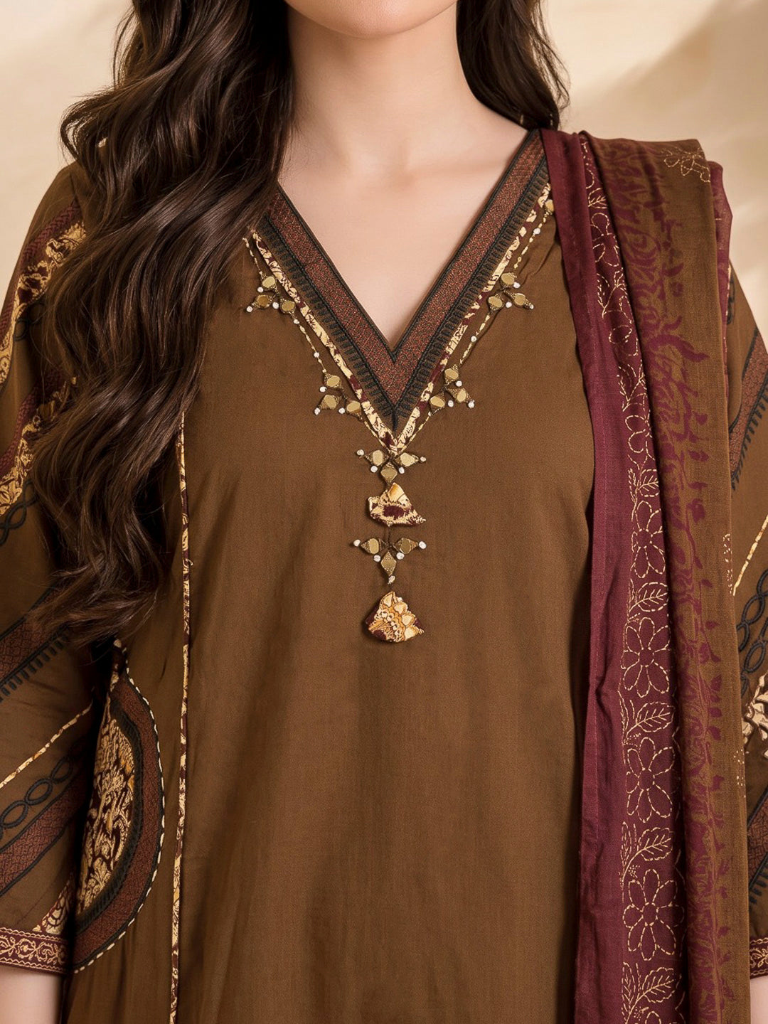 Brown Printed Cotton Blend Kurta With Pant &amp; Dupatta