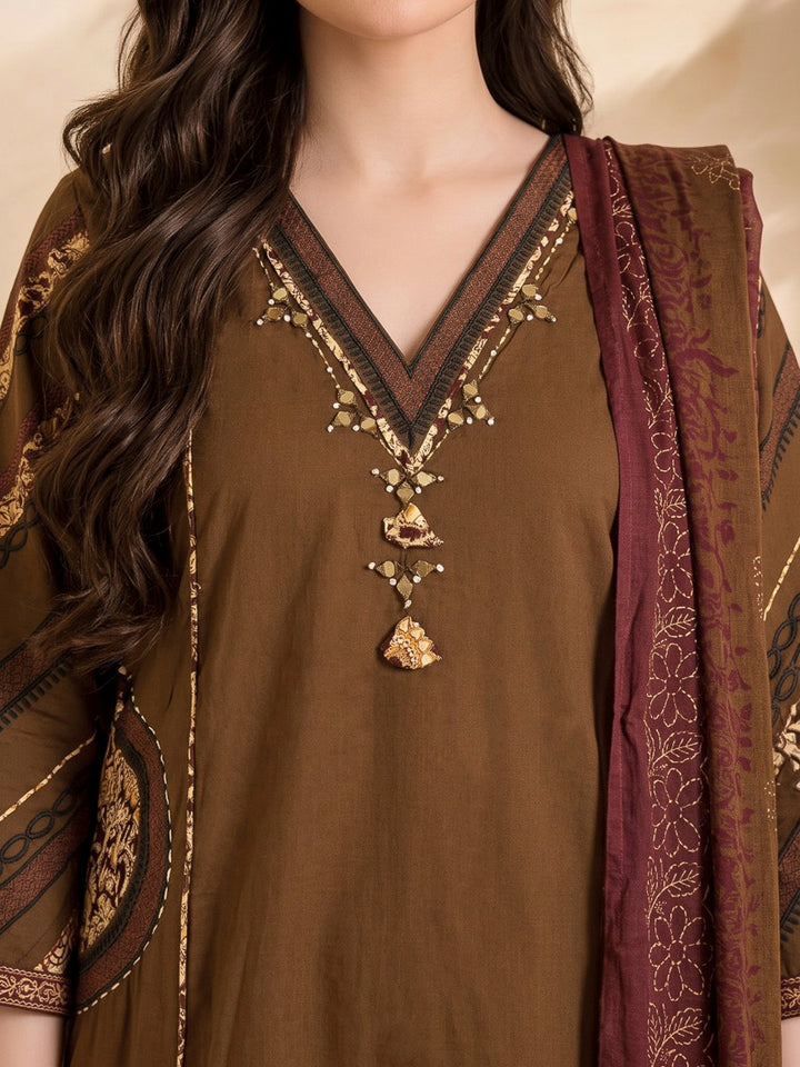 Brown Printed Cotton Blend Kurta With Pant &amp; Dupatta