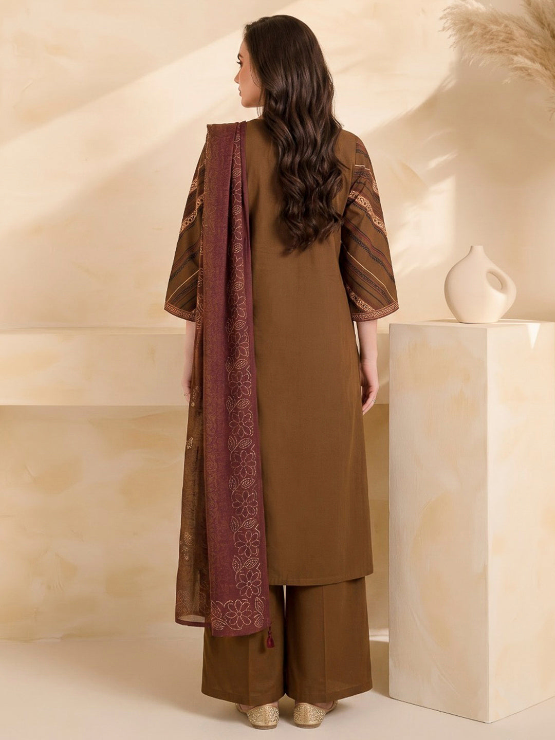 Brown Printed Cotton Blend Kurta With Pant &amp; Dupatta