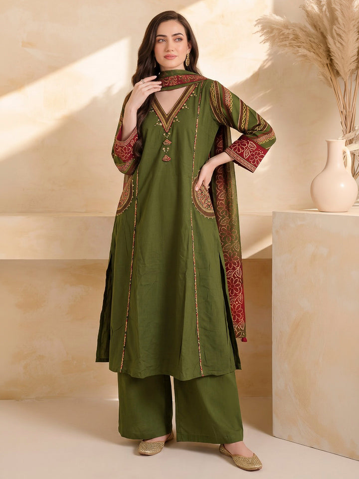 Green Printed Cotton Blend Kurta With Pant &amp; Dupatta