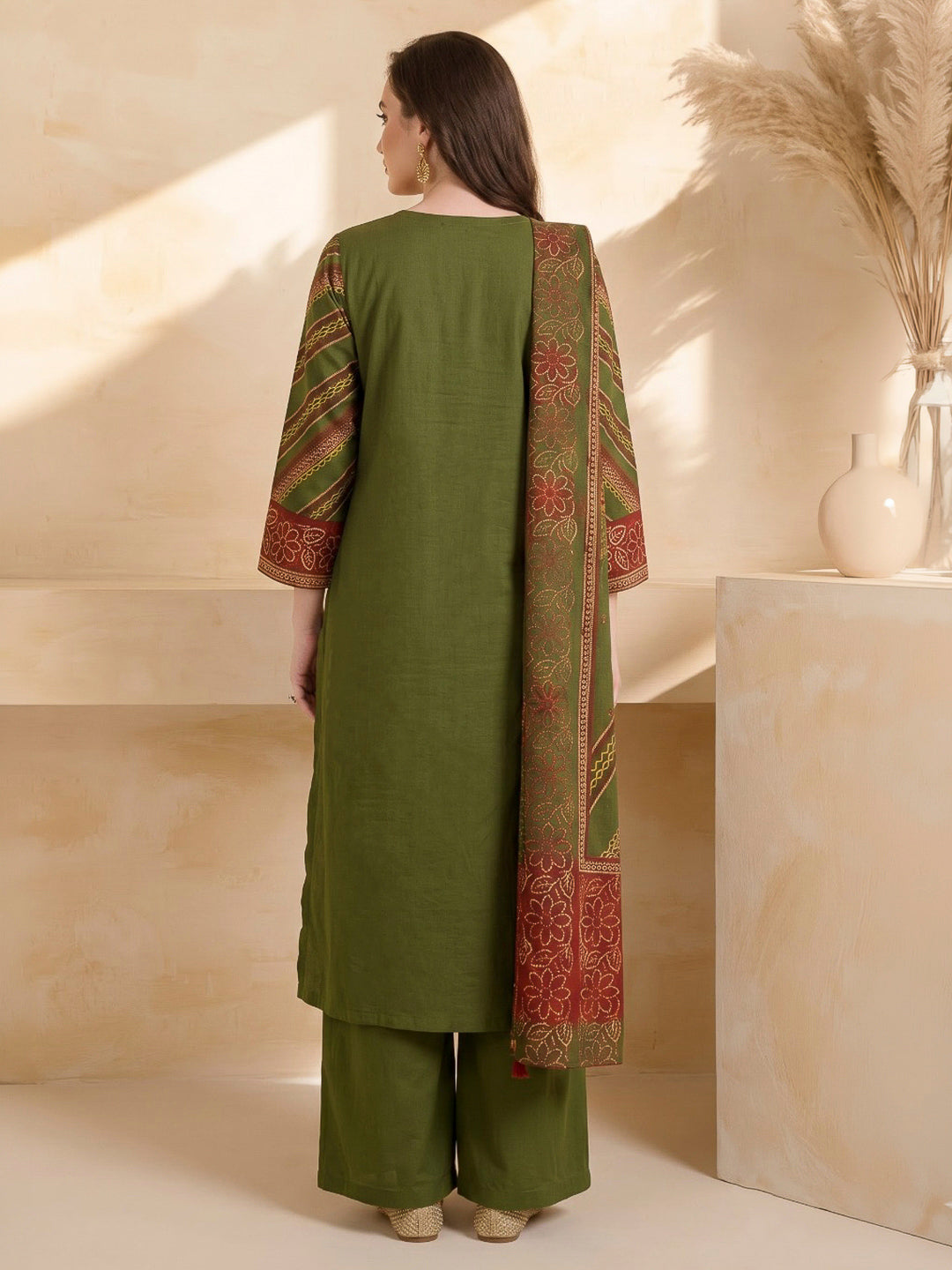 Green Printed Cotton Blend Kurta With Pant &amp; Dupatta