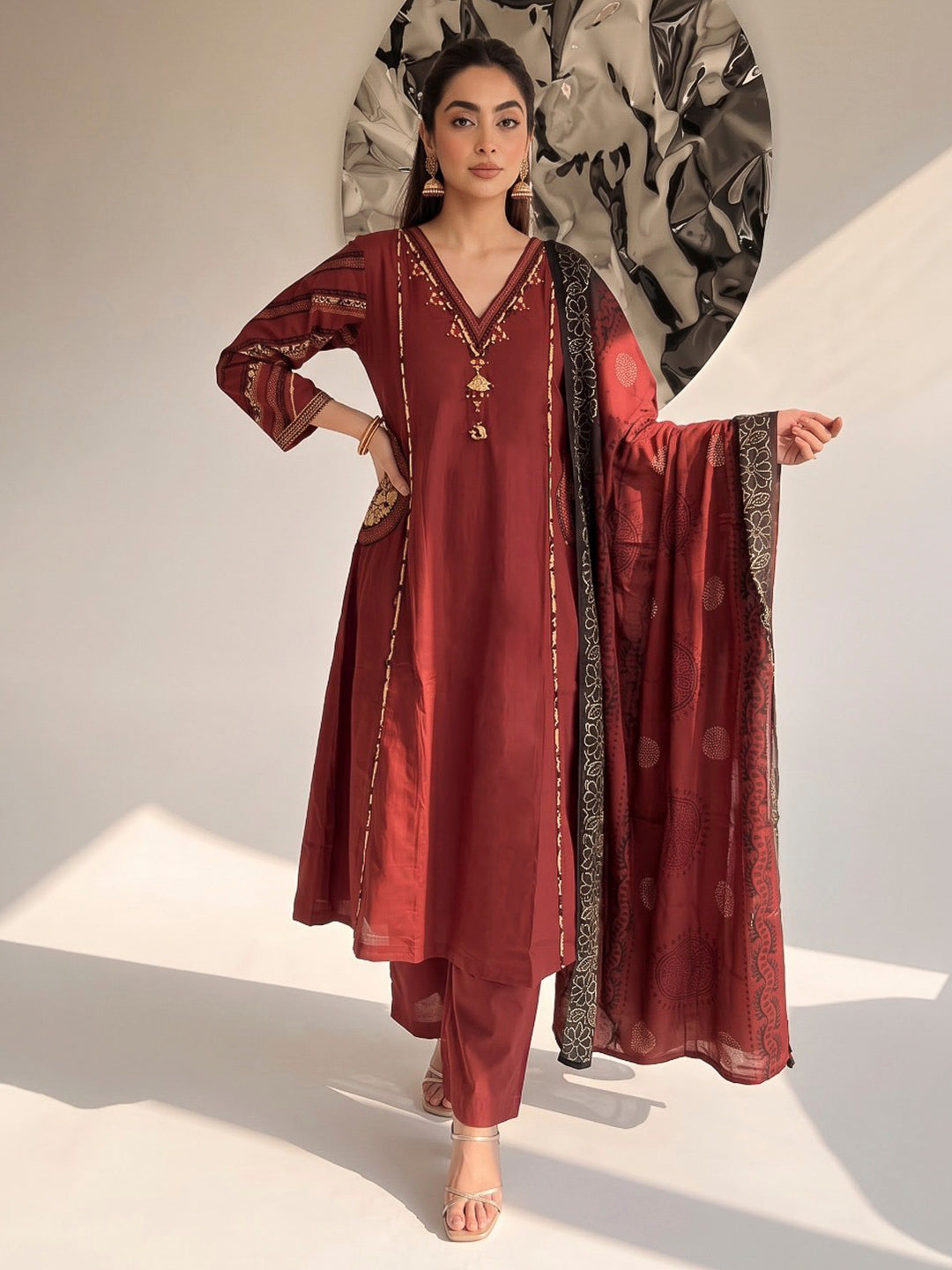 Maroon Printed Cotton Blend Kurta With Pant &amp; Dupatta