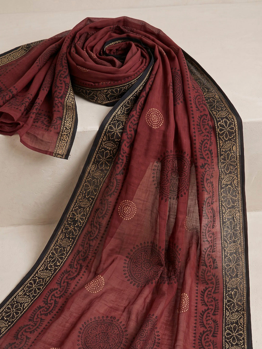 Maroon Printed Cotton Blend Kurta With Pant &amp; Dupatta