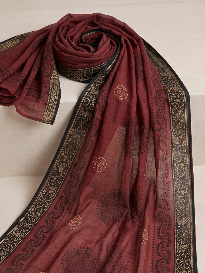 Maroon Printed Cotton Blend Kurta With Pant &amp; Dupatta
