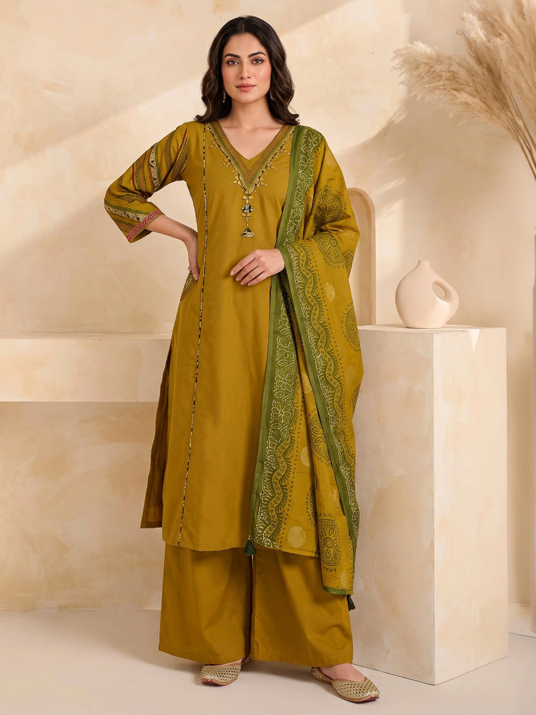 Mustard Printed Cotton Blend Kurta With Pant &amp; Dupatta