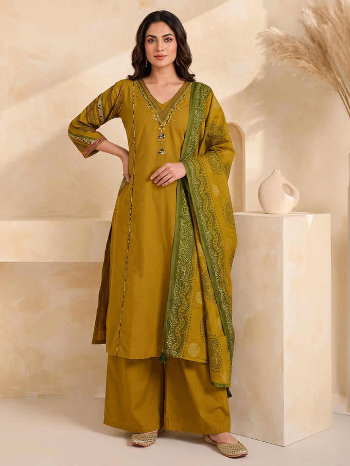 Mustard Printed Cotton Blend Kurta With Pant &amp; Dupatta