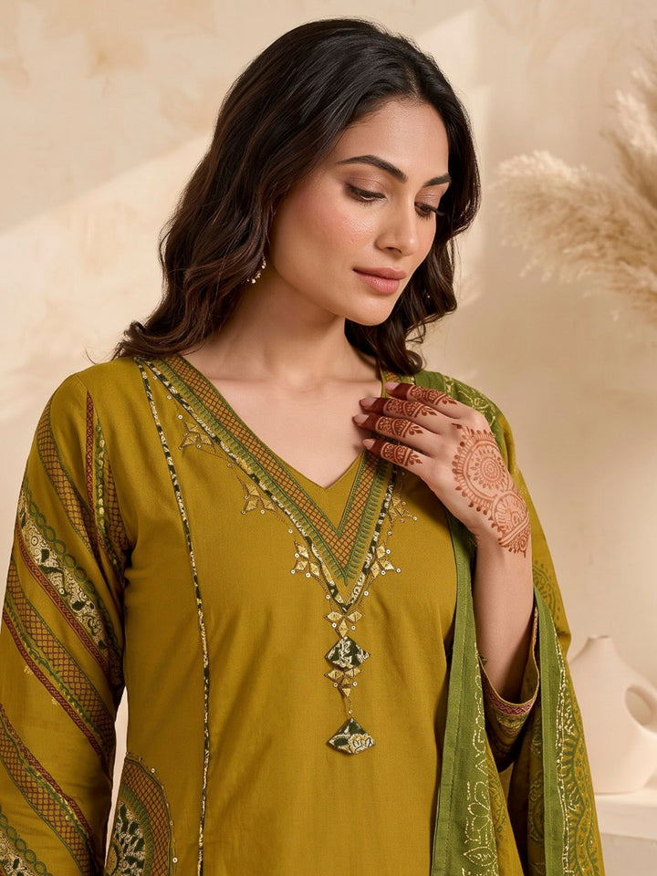 Mustard Printed Cotton Blend Kurta With Pant &amp; Dupatta