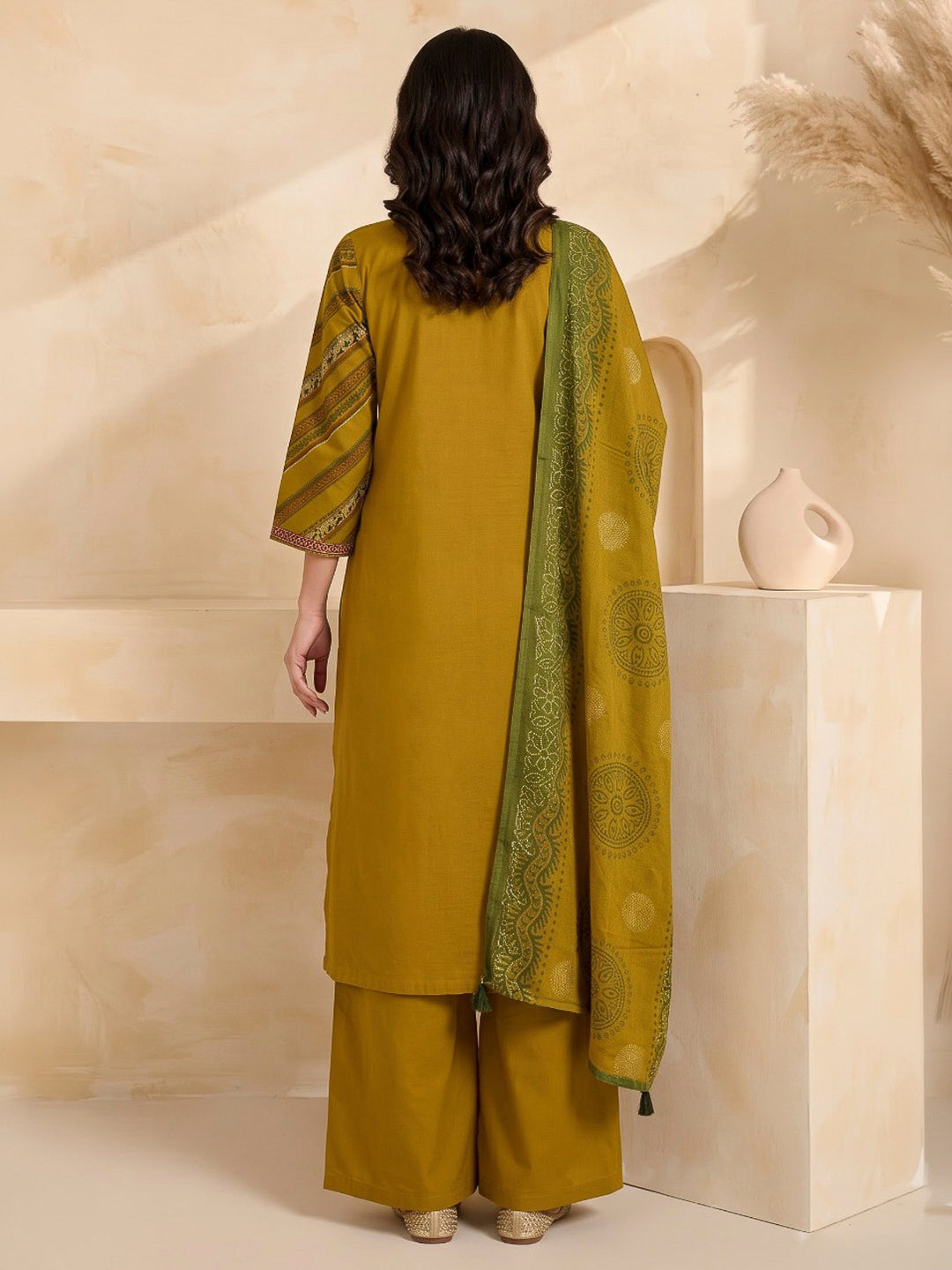 Mustard Printed Cotton Blend Kurta With Pant &amp; Dupatta