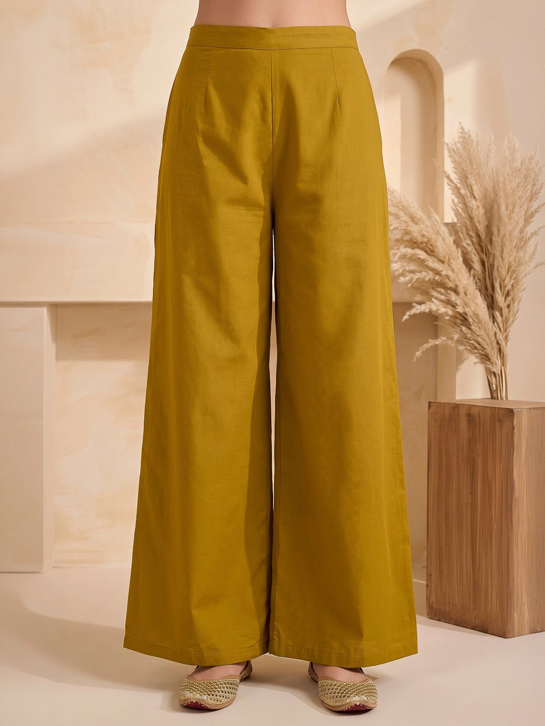 Mustard Printed Cotton Blend Kurta With Pant &amp; Dupatta