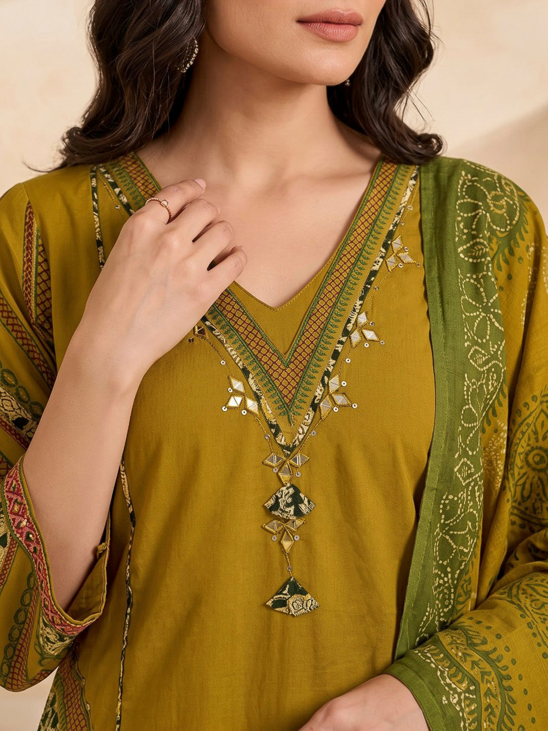 Mustard Printed Cotton Blend Kurta With Pant &amp; Dupatta