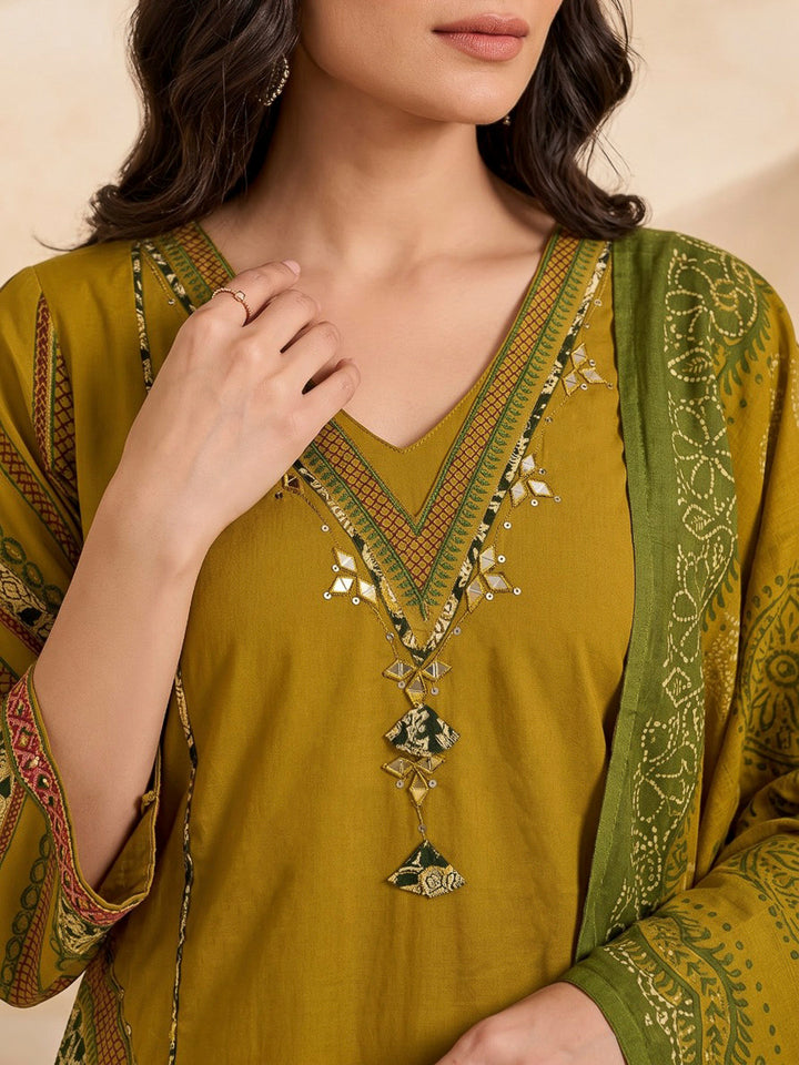 Mustard Printed Cotton Blend Kurta With Pant &amp; Dupatta