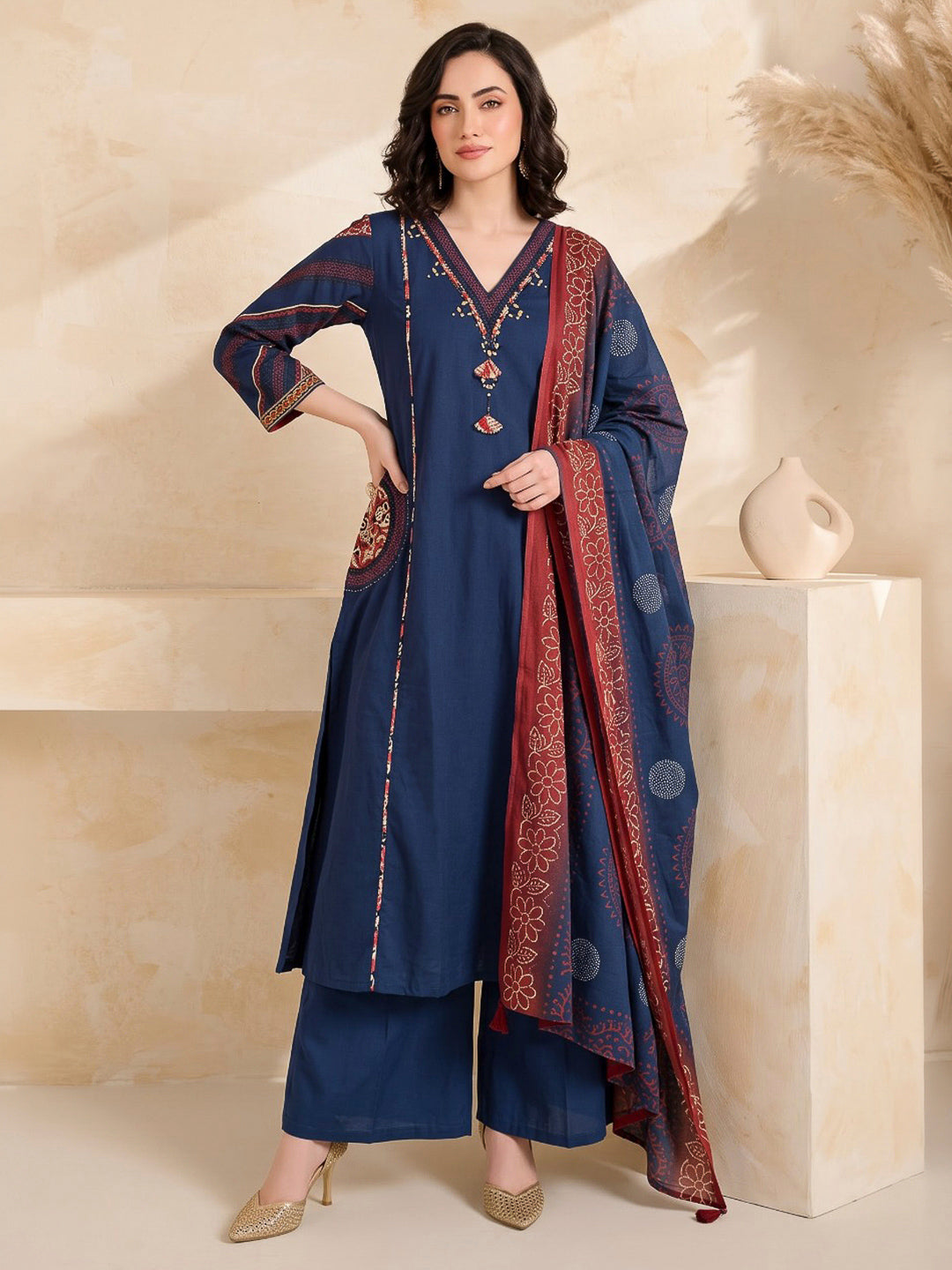 Teal Blue Printed Cotton Blend Kurta With Pant &amp; Dupatta