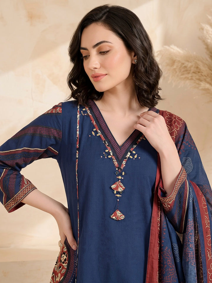 Teal Blue Printed Cotton Blend Kurta With Pant &amp; Dupatta