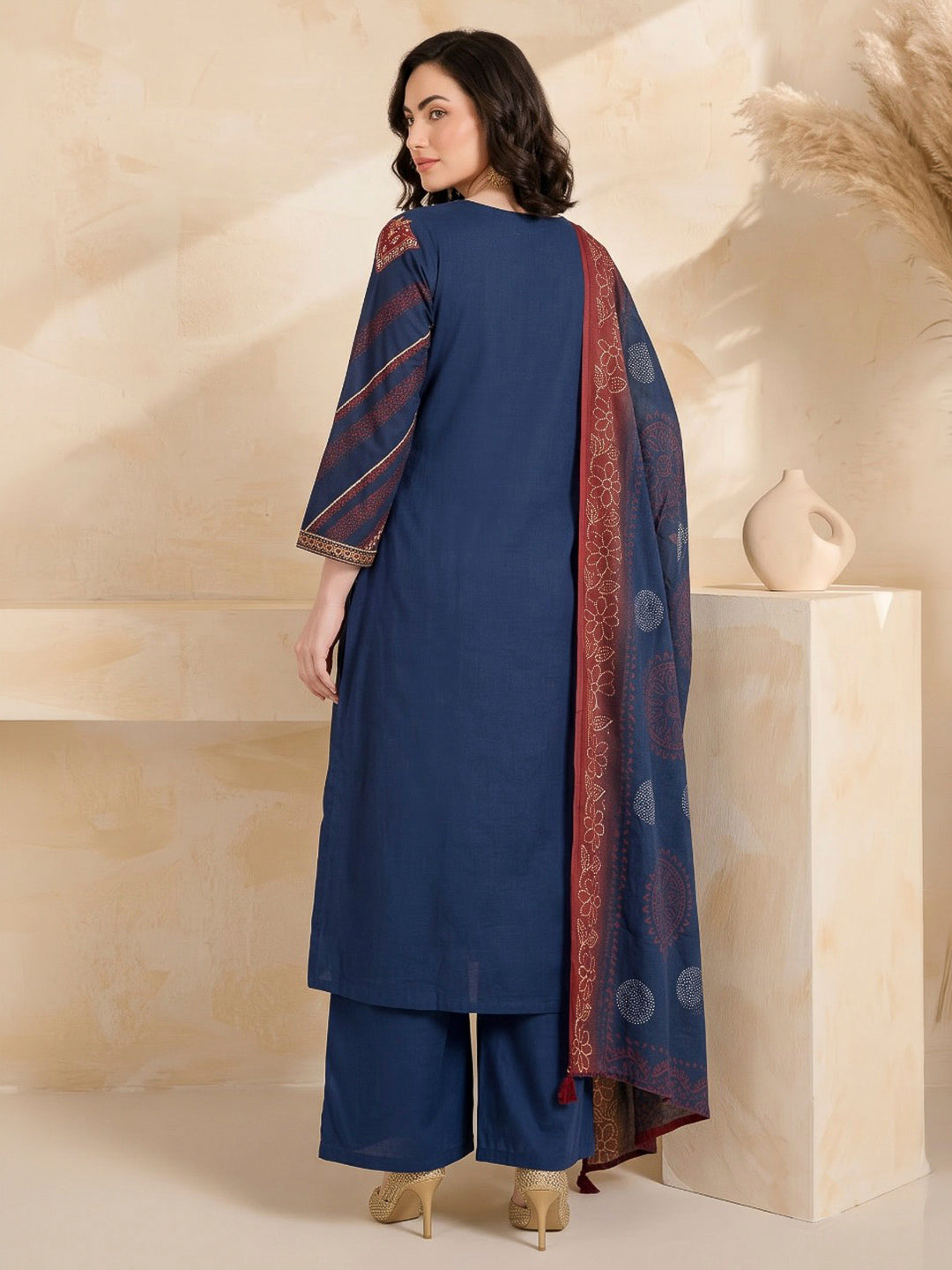 Teal Blue Printed Cotton Blend Kurta With Pant &amp; Dupatta