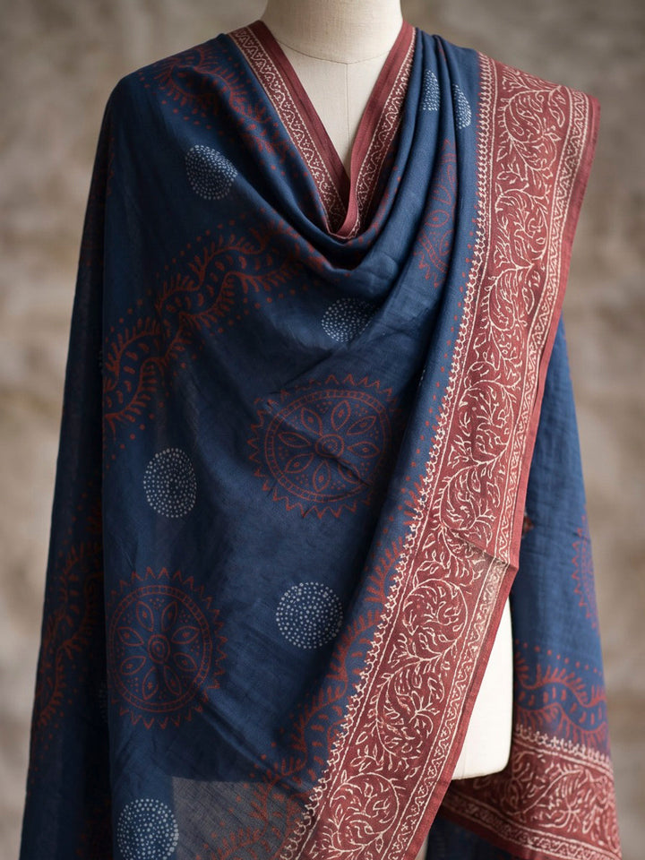 Teal Blue Printed Cotton Blend Kurta With Pant &amp; Dupatta