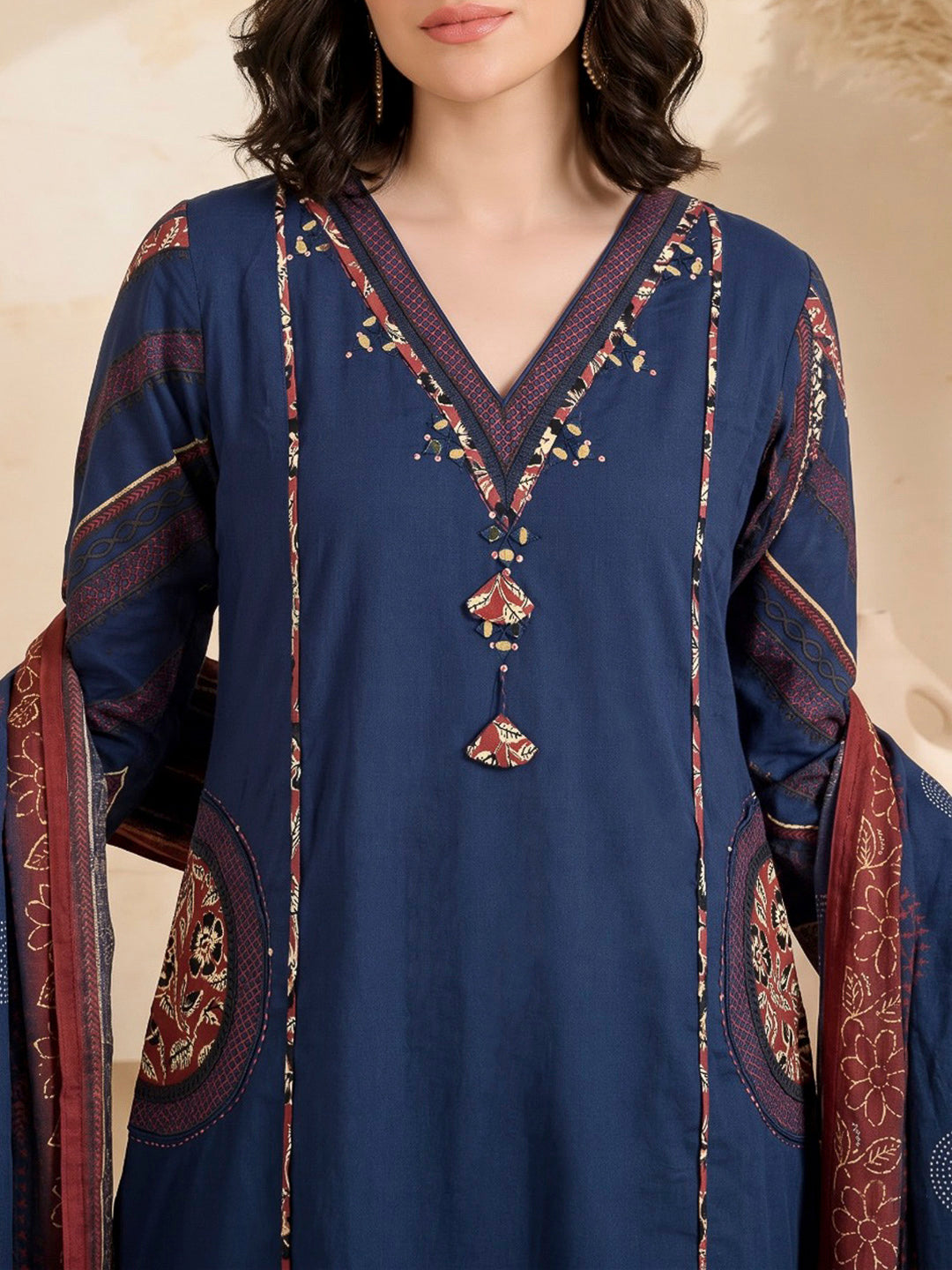 Teal Blue Printed Cotton Blend Kurta With Pant &amp; Dupatta