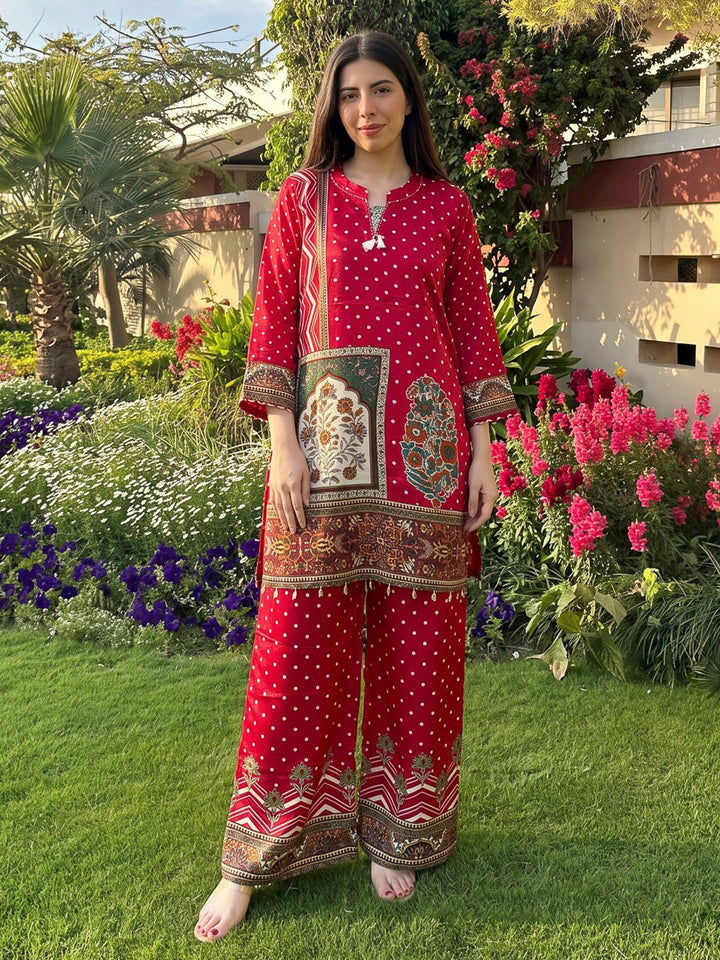 Red Printed Crepe Kurta Set
