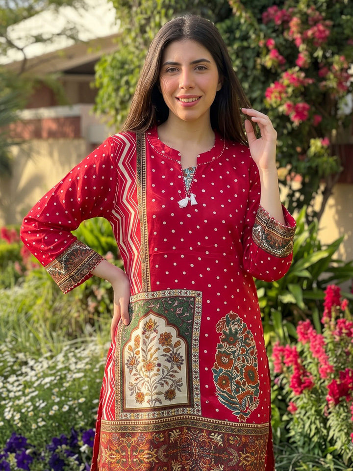 Red Printed Crepe Kurta Set