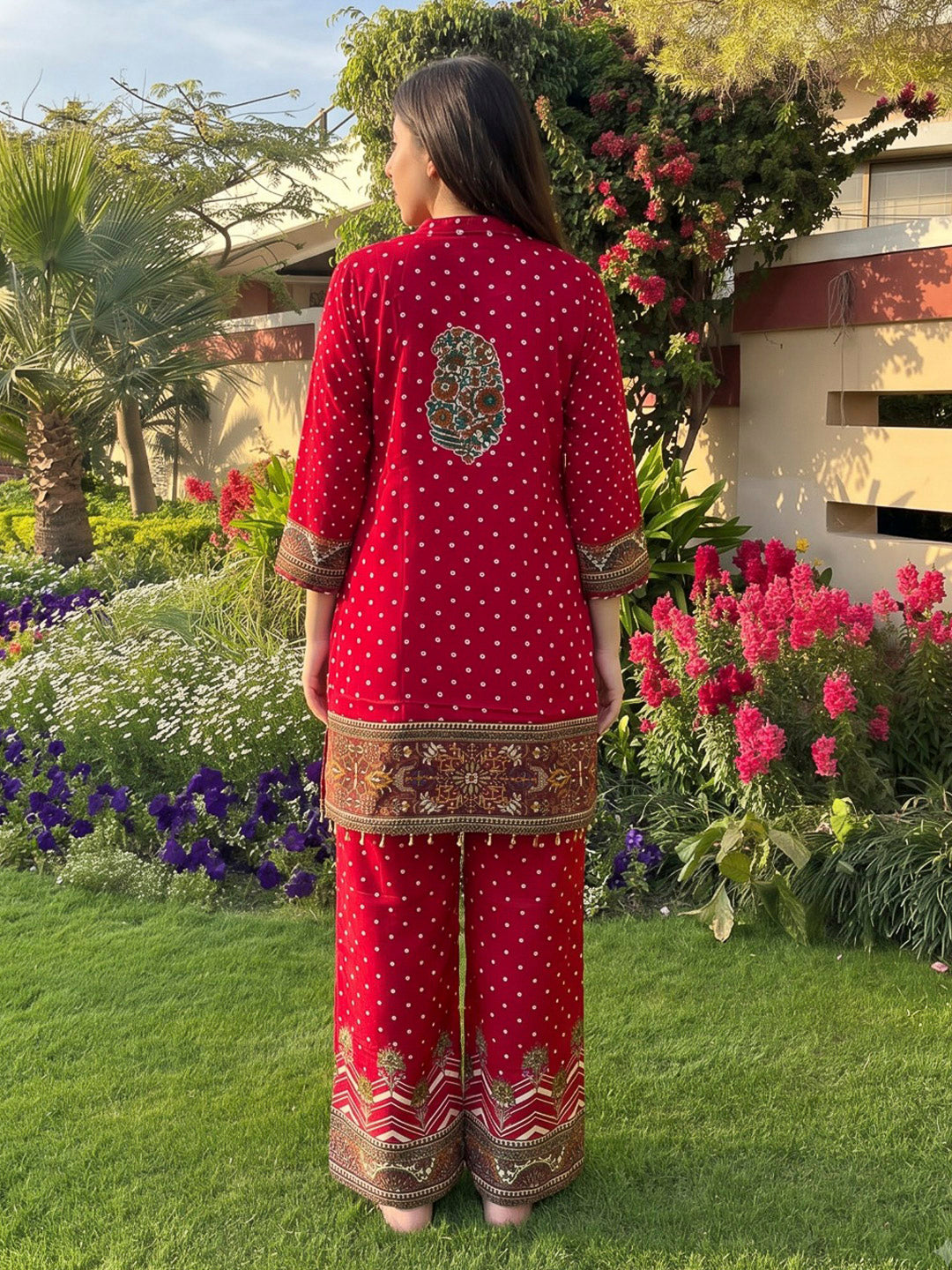 Red Printed Crepe Kurta Set