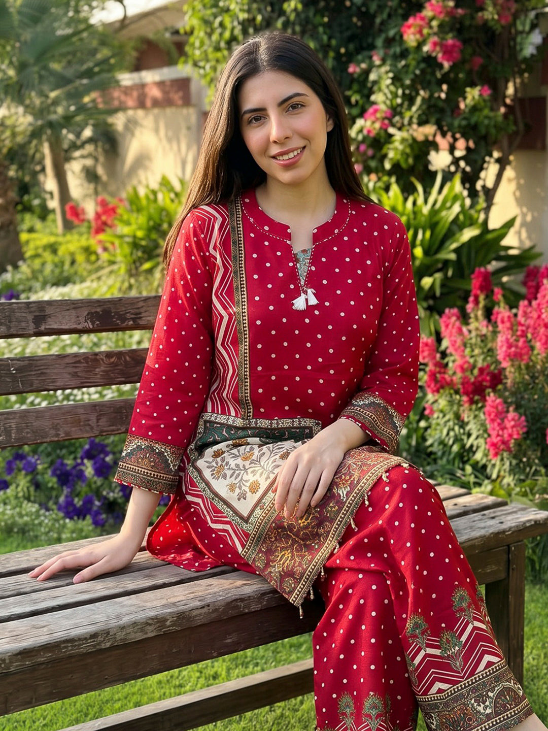 Red Printed Crepe Kurta Set