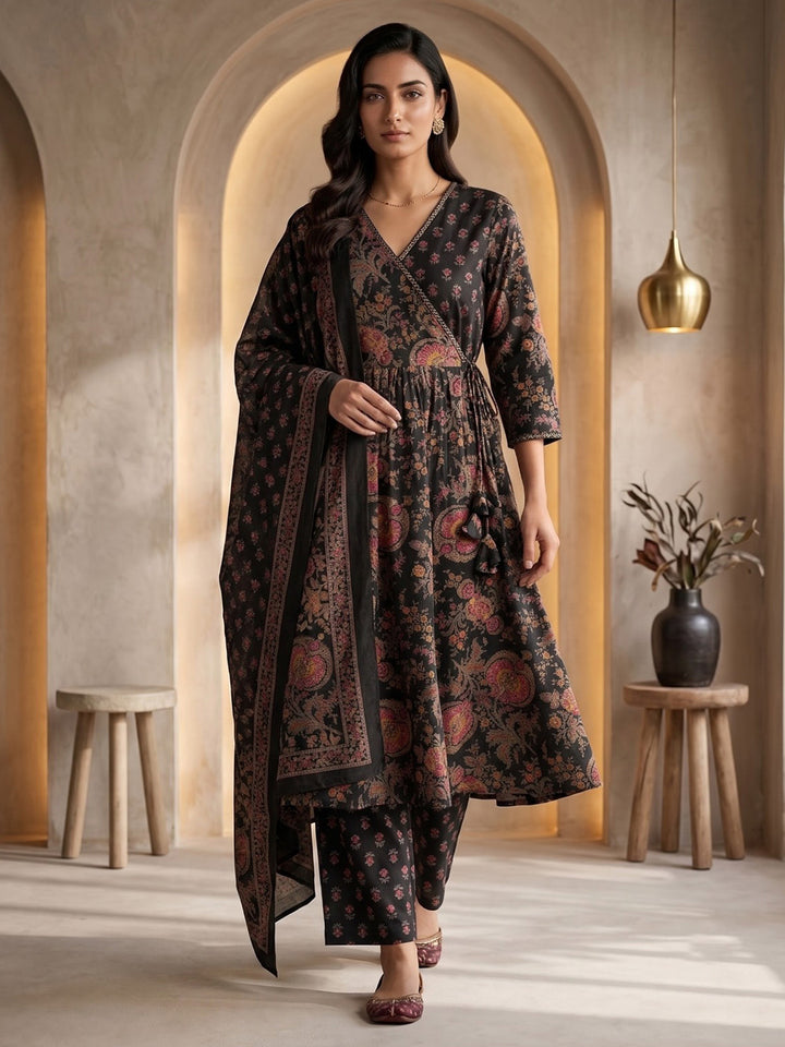 Black Printed Cotton Blend Kurta With Pant &amp; Dupatta