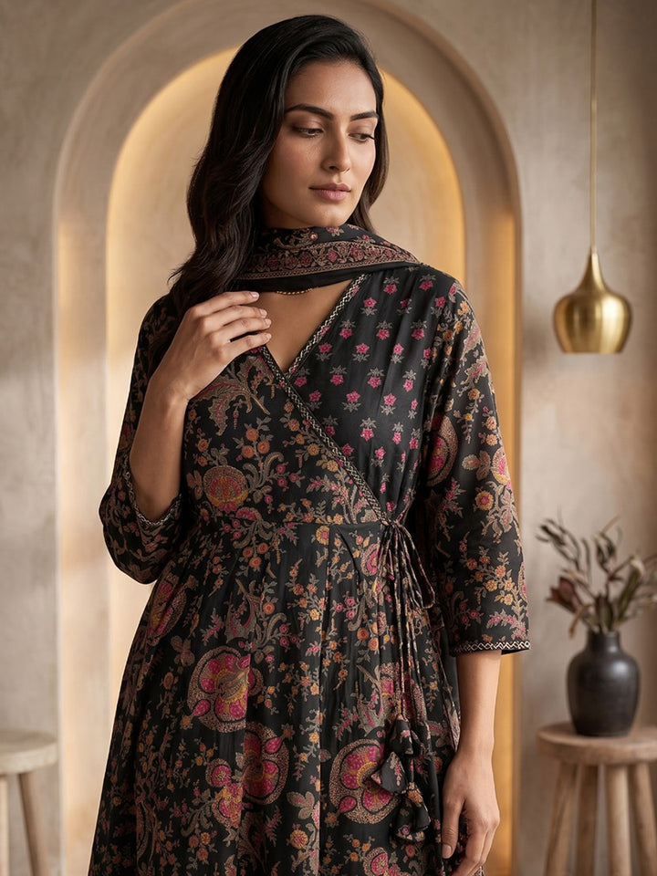 Black Printed Cotton Blend Kurta With Pant &amp; Dupatta