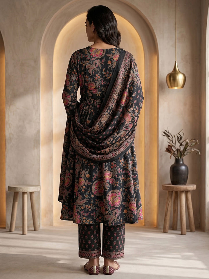 Black Printed Cotton Blend Kurta With Pant &amp; Dupatta
