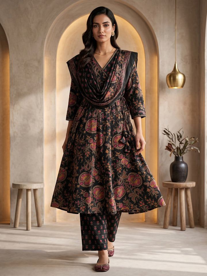 Black Printed Cotton Blend Kurta With Pant &amp; Dupatta