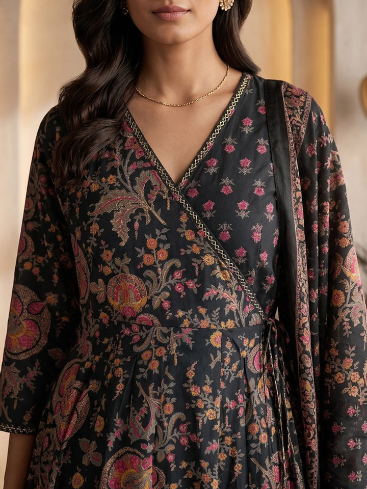 Black Printed Cotton Blend Kurta With Pant &amp; Dupatta