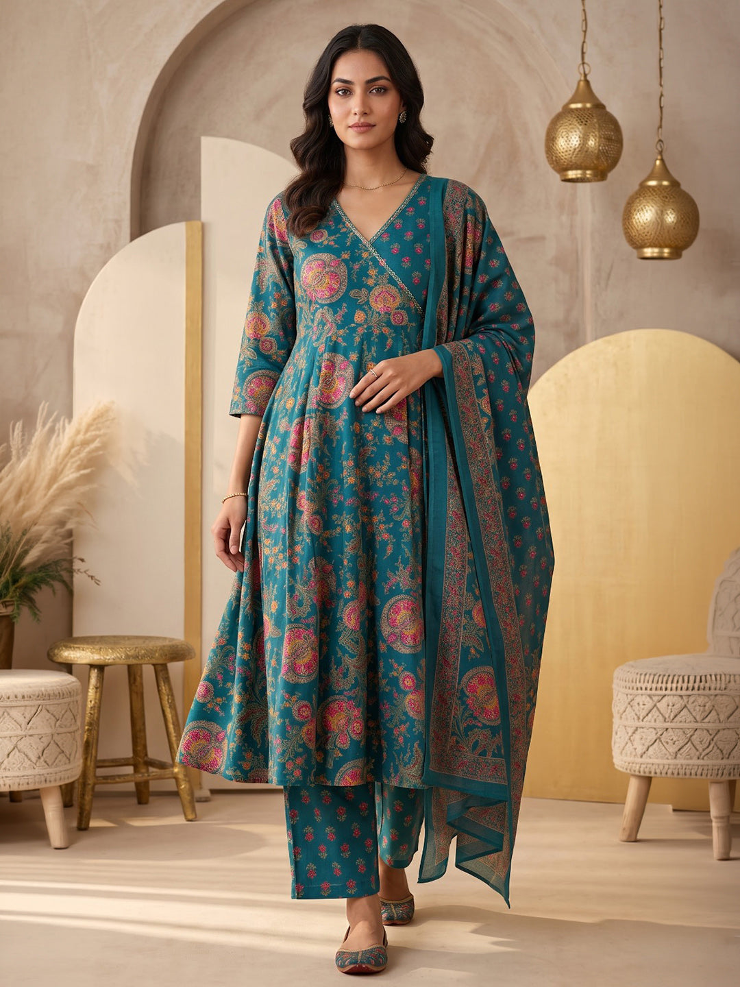 Green Printed Cotton Blend Kurta With Pant &amp; Dupatta