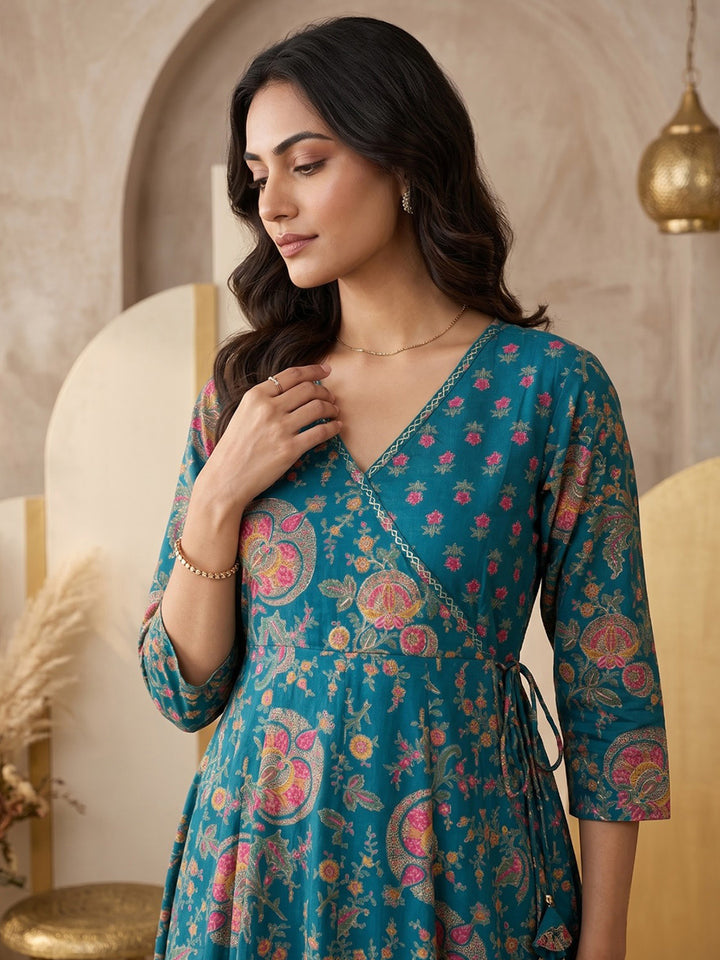 Green Printed Cotton Blend Kurta With Pant &amp; Dupatta