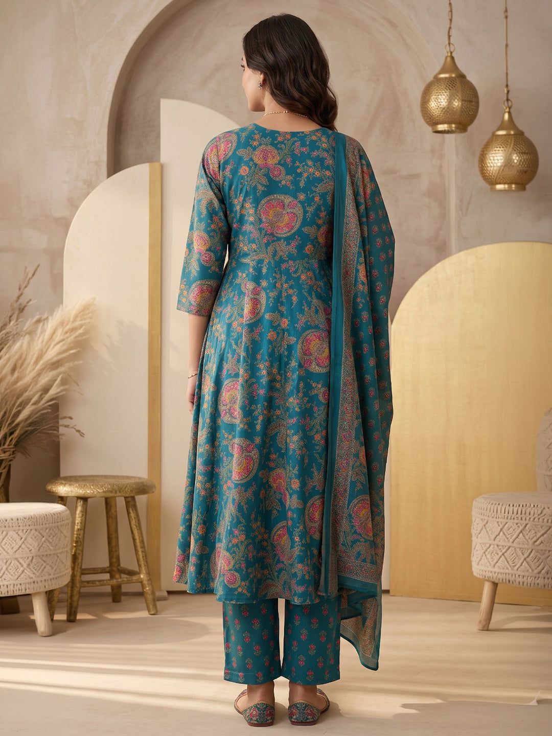 Green Printed Cotton Blend Kurta With Pant &amp; Dupatta