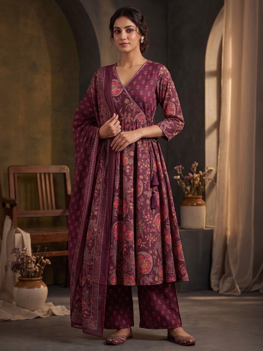 Wine Printed Cotton Blend Kurta With Pant &amp; Dupatta