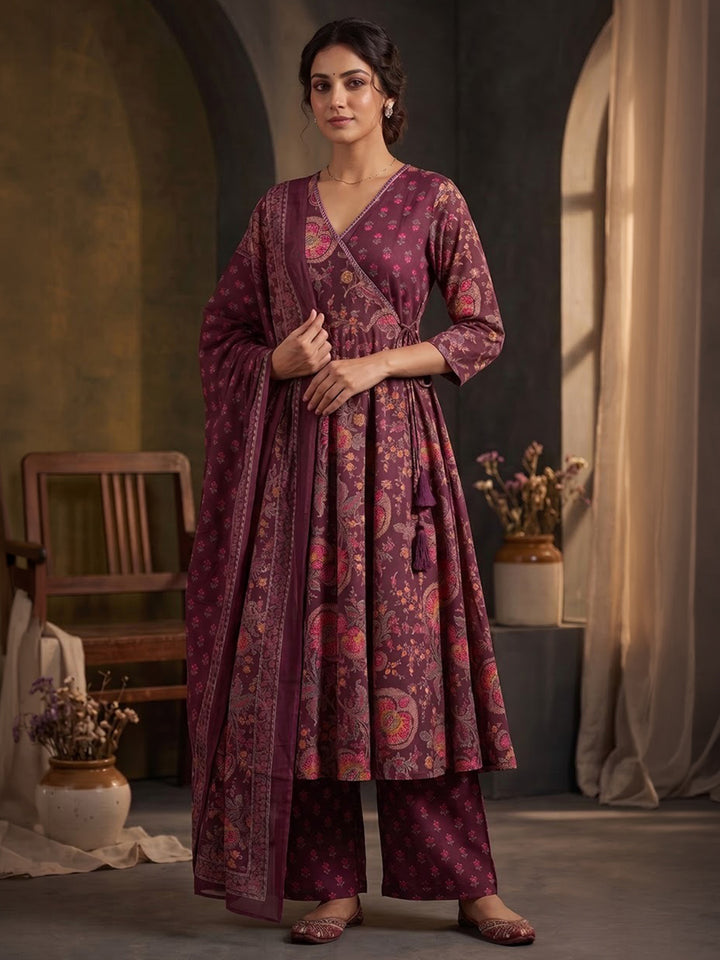 Wine Printed Cotton Blend Kurta With Pant &amp; Dupatta
