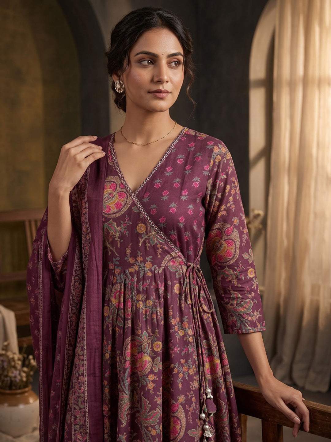 Wine Printed Cotton Blend Kurta With Pant &amp; Dupatta